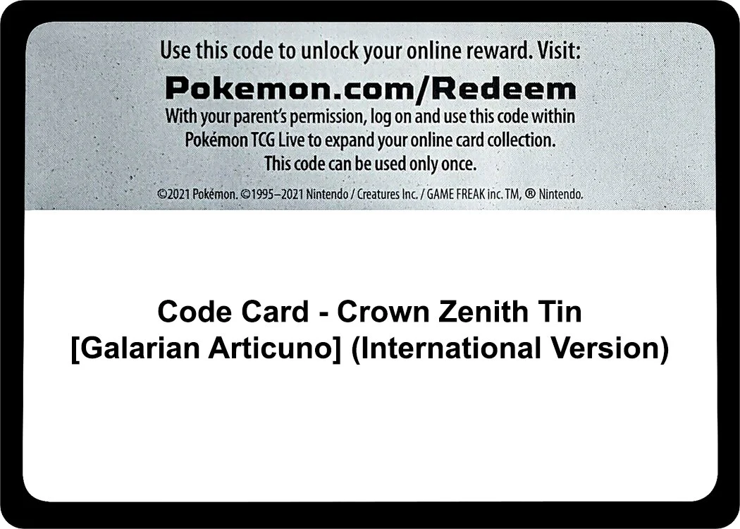 Code Card - Crown Zenith Tin [Galarian Articuno] (International Version) (Crown Zenith)